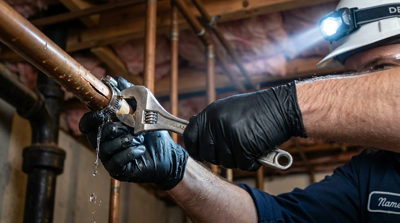 Emergency pipe clamp repair being performed by a Johns Plumbing LLC plumber in Lyndon