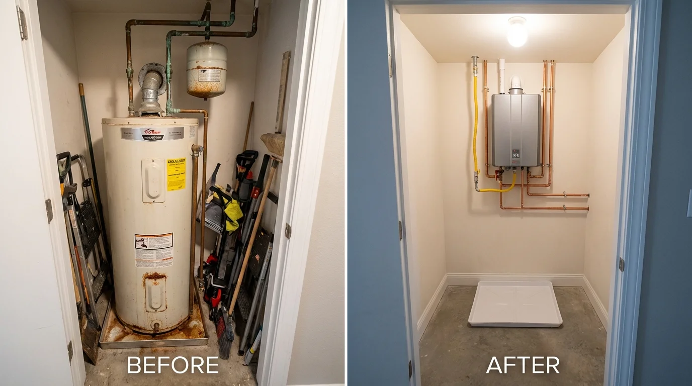 Tank water heater versus wall-mounted tankless unit comparison for Lyndon, KS homeowners